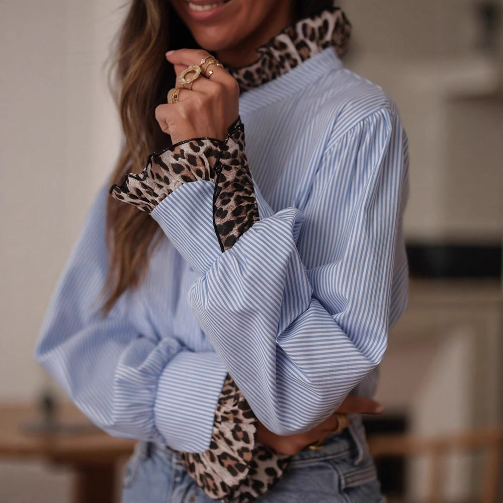 Elegant afslappet stribet leopardprint patchwork-bluse til kvinder