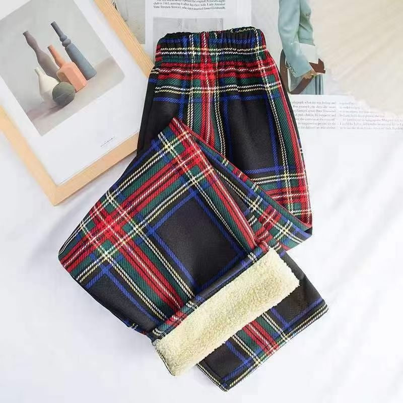 Winter Christmas Leopard-Print Shearling Plaid Pants