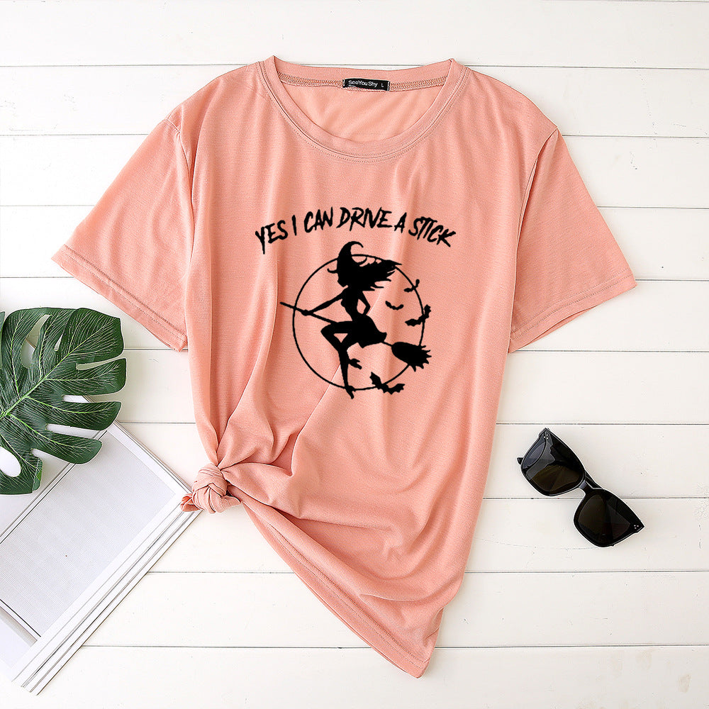 Flying Witch Print Crew Neck Short Sleeve T-Shirt