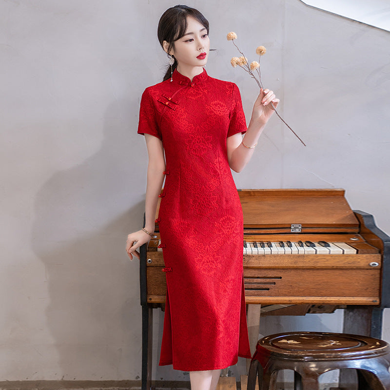 Chinese-style Modified Cheongsam Mid-length Wedding Dress For Engagement