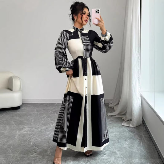 Printed Pleated Stylish Lace-up Casual Plus-size African Dress