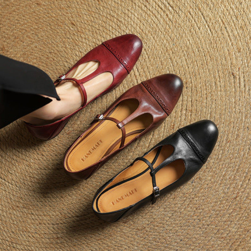 Women's T-shaped Buckle Old First Layer Cowhide Round Toe Flats