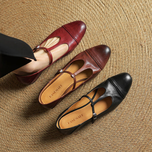 Women's T-shaped Buckle Old First Layer Cowhide Round Toe Flats