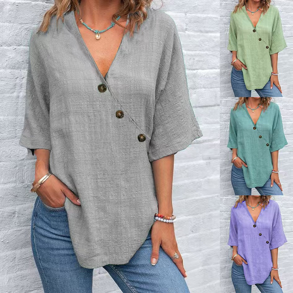 Solid Color Linen Button Women's Top