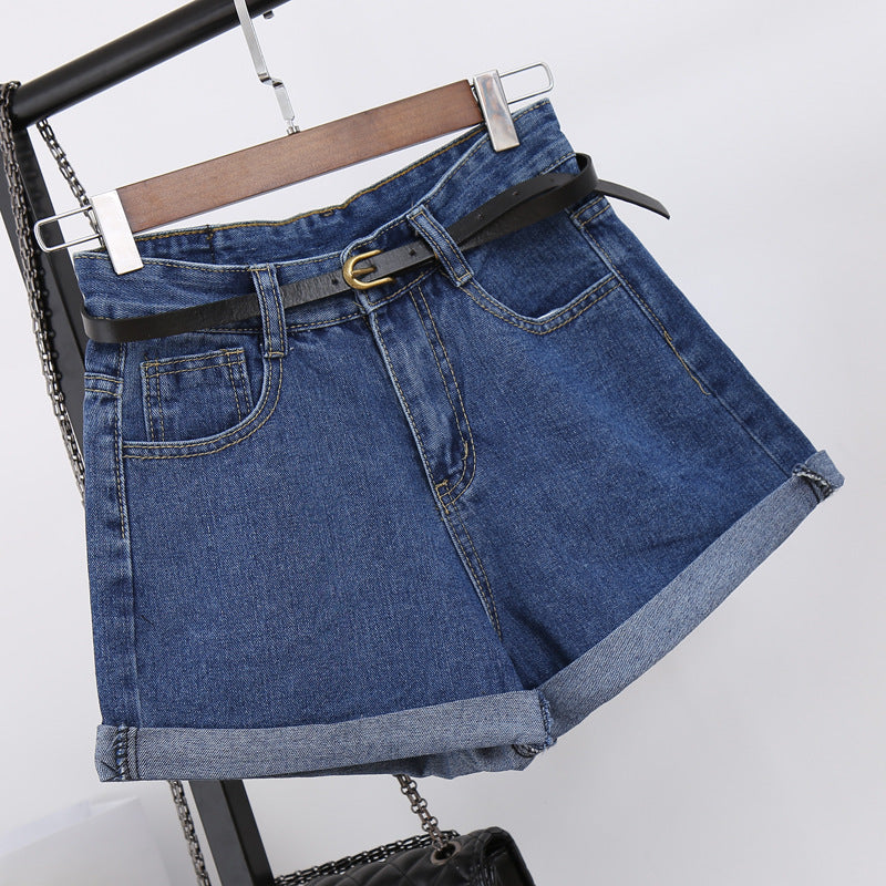 High-Waisted Denim Shorts Women's Loose Crimping Large Size Thin A Word Wide Legs