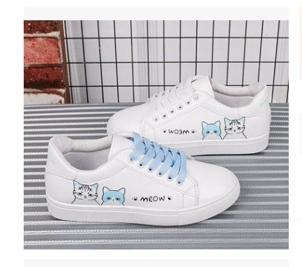 Printed casual shoes women's pu shoes cute cat new fashion lace women's white sports shoes women's casual shoes