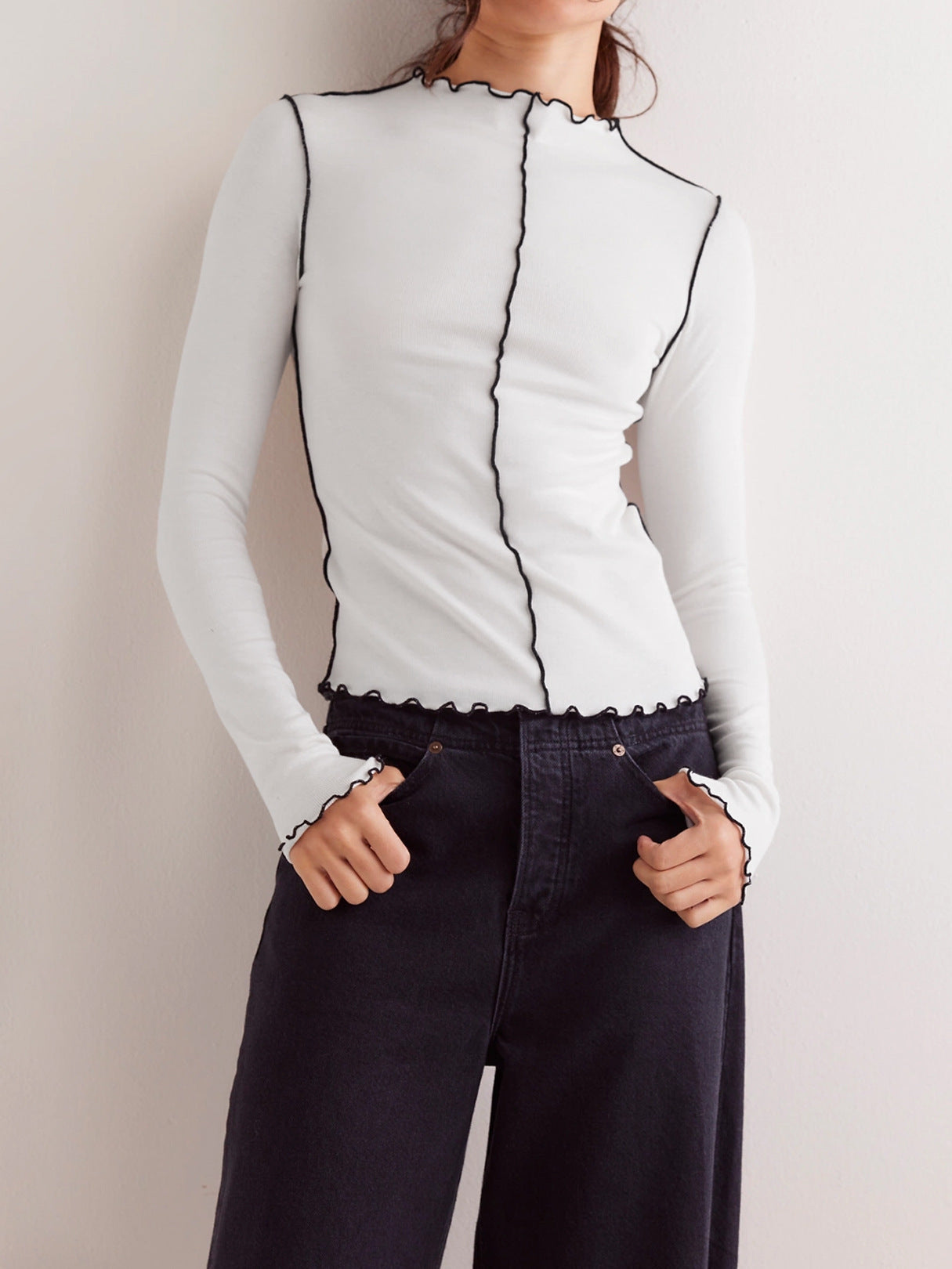 Color-Block Curling Fake Collar Long-Sleeve Versatile Womens Shirt