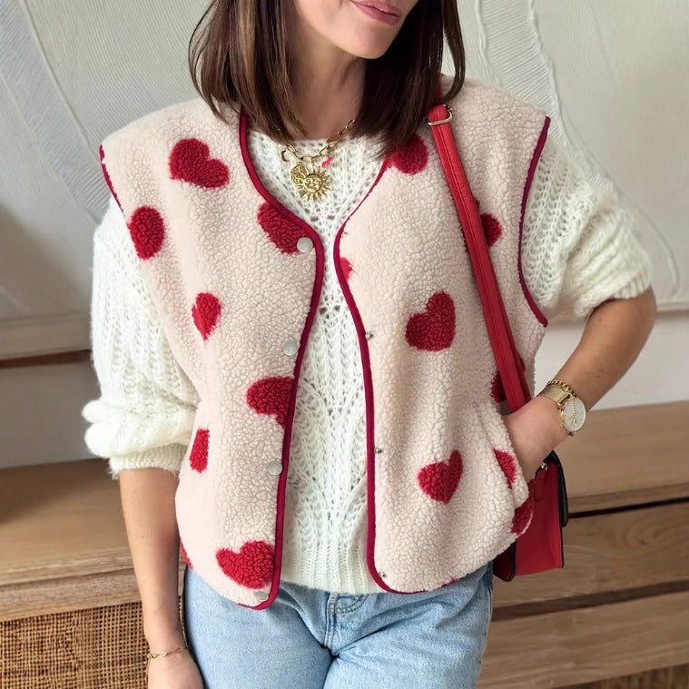 Women's Casual Lamb Fleece Heart Button Vest