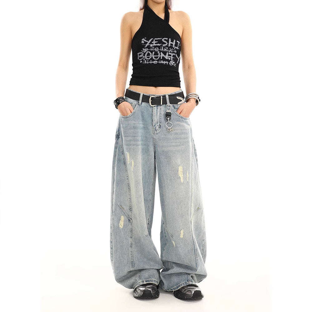 Retro Washed Distressed Loose Straight-leg Wide-leg Pants