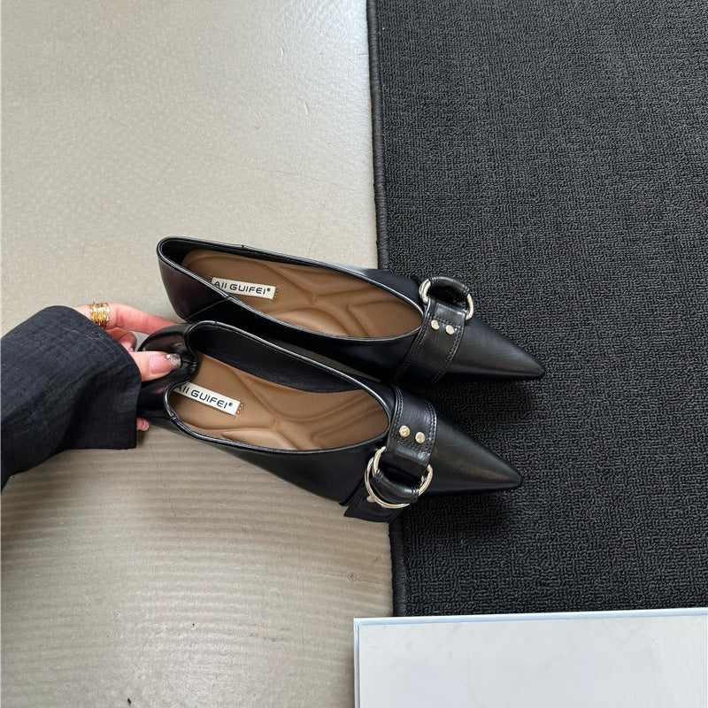 Metal Belt Buckle Soft Bottom Granny Shoes French Pointed Flat Bottom Pumps