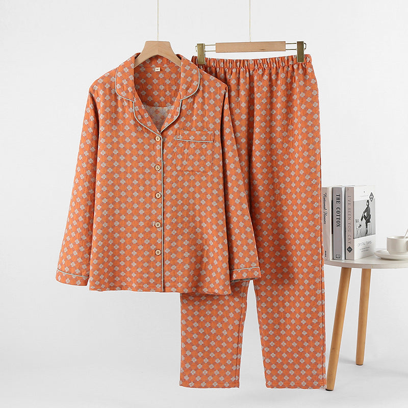 Womens Double-Layer Yarn-Dyed Cotton Long-Sleeve Top And Pants Set