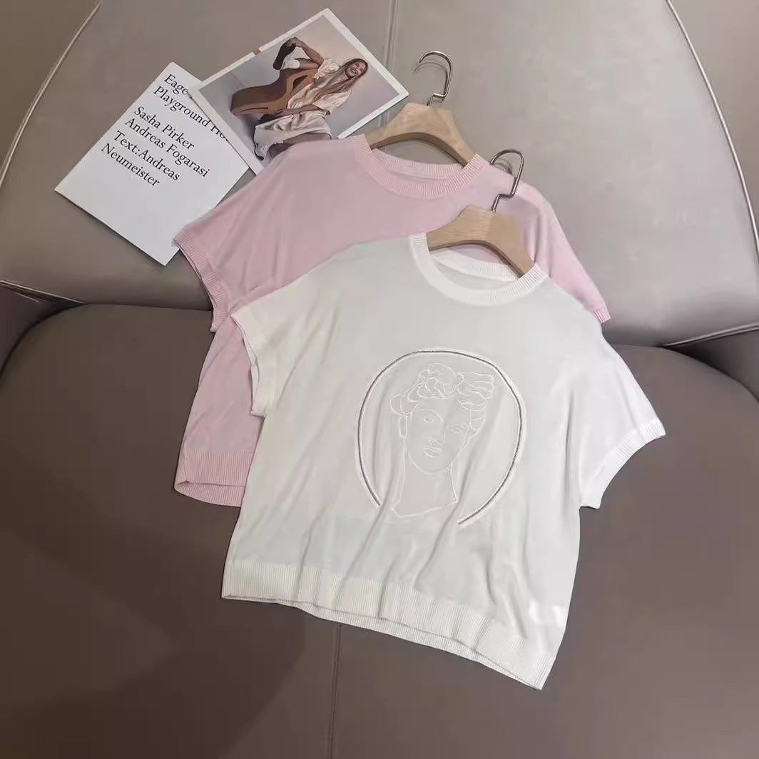 Young Commuter Heavy Industry Beads Pattern Pullover Wool Knitwear Short Sleeve Women