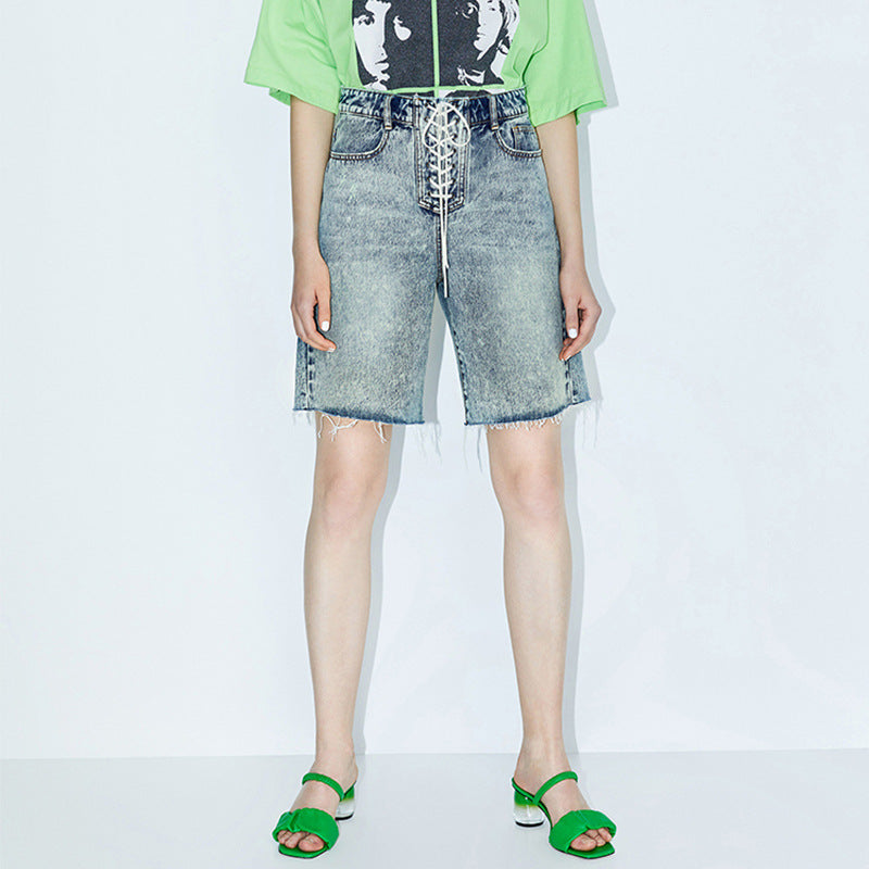 Women's high waist strap denim shorts