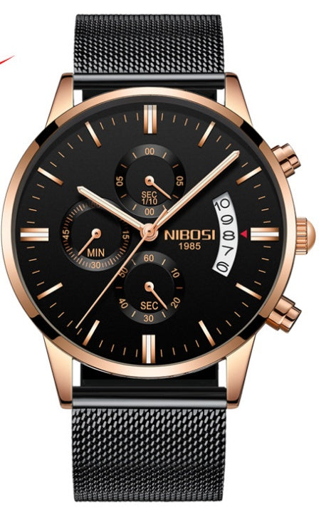 Solid steel belt men's watch waterproof coated glass luminous three-eye 6-pin quartz watch