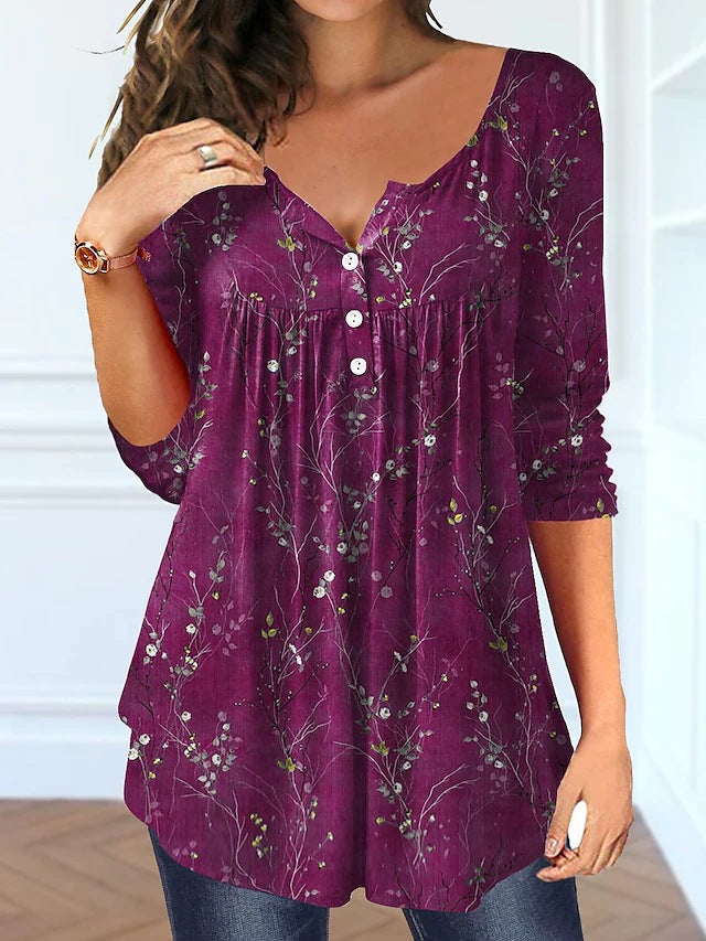 Beauty Summer Loose V-neck Pullover Short Sleeve Button Printed T-shirt