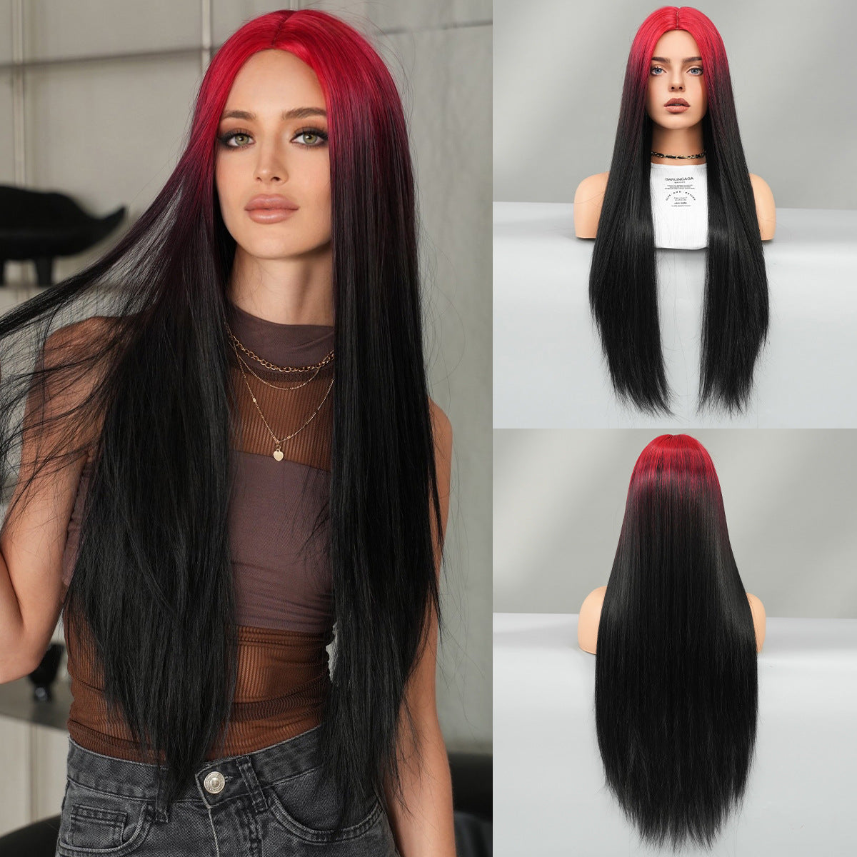 Super Long Medium Straight Hair Full-head Wig Natural Gold Gradient Chemical Fiber Wig