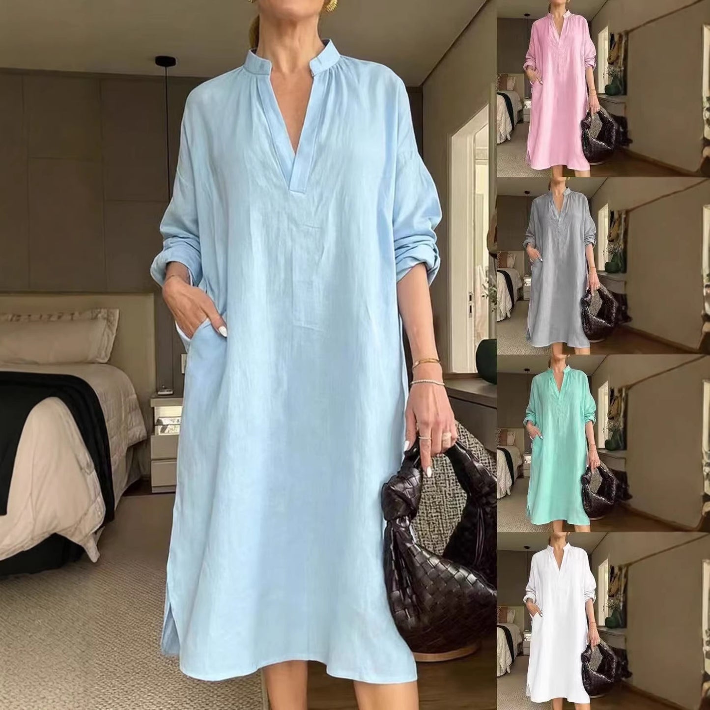 Womens Retro Cotton-Linen Long-Sleeve V-Neck Pocket Dress