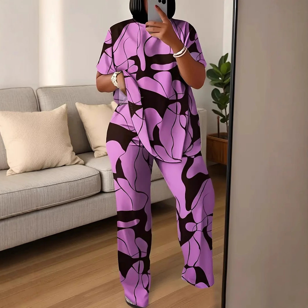 Plus-size Womens Black And Gray Printed Outfit Set