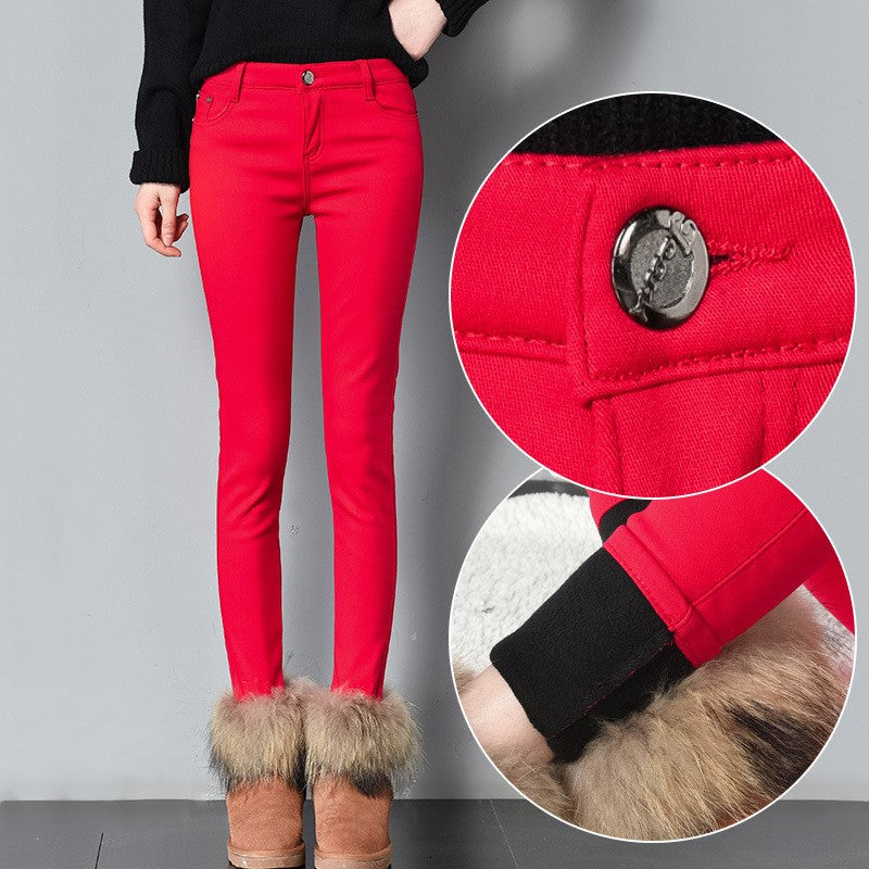 Thick pencil outer wear denim and long plus velvet boots