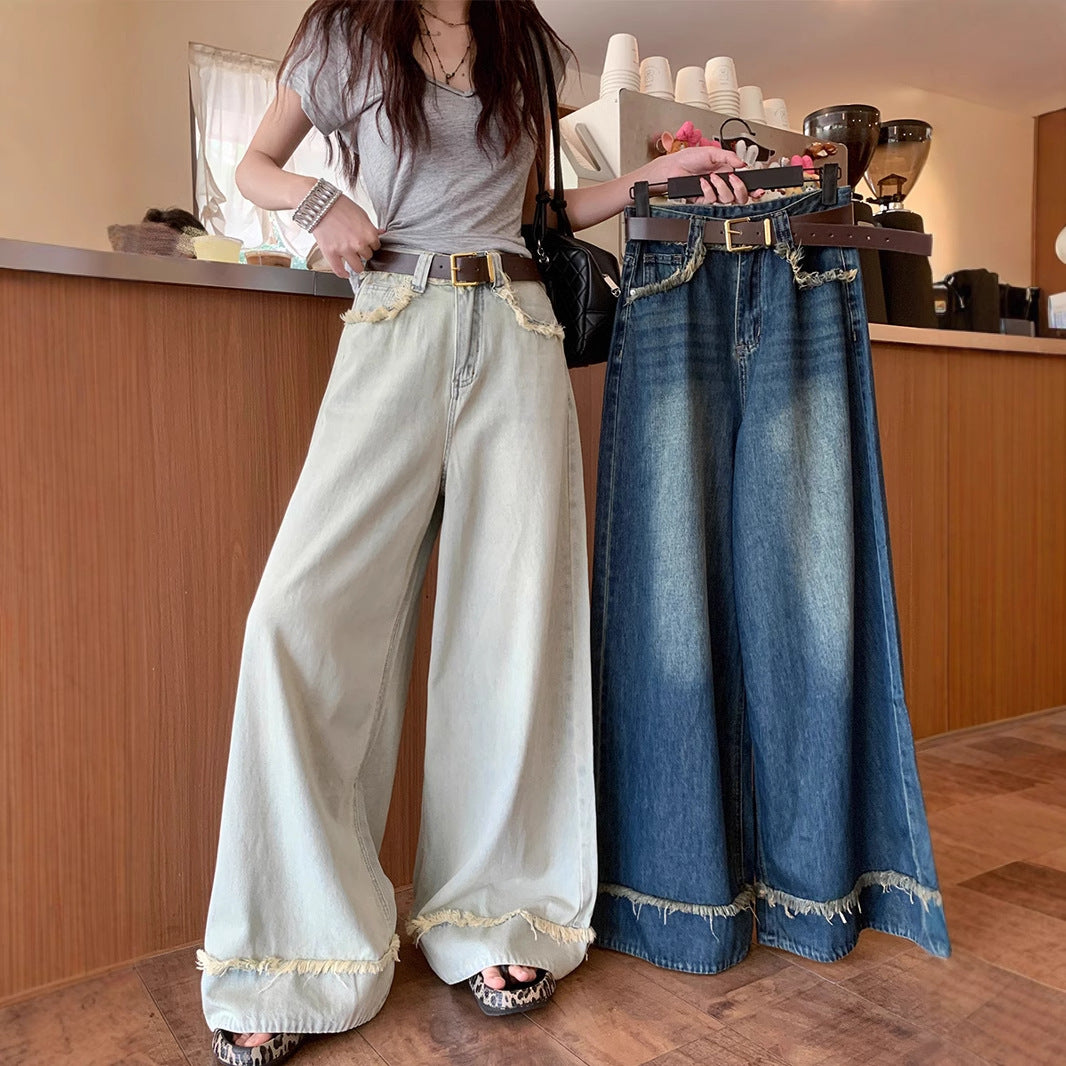 Retro råkantede jeans til damer, løse, højtaljede bukser med vide ben
