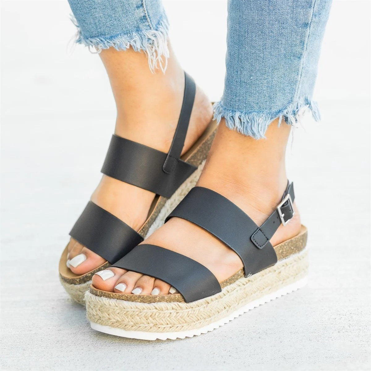 Open-toe flat hemp mid-heel rubber buckle sandals