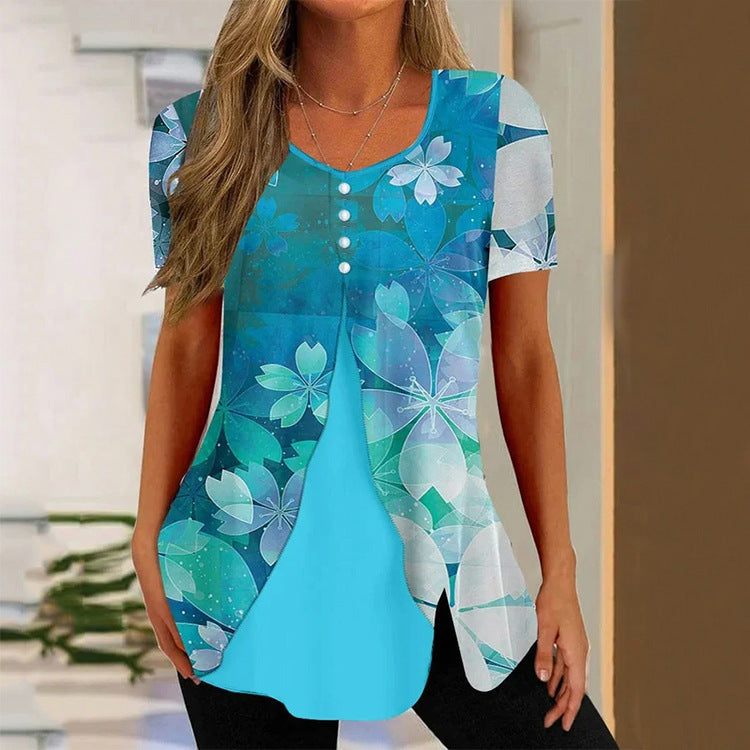 Summer New Women's Round Neck Printed Fake Two Pieces Short Sleeve Shawl Pullover T-shirt Tops