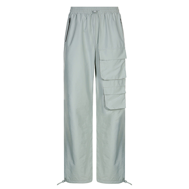 High Waist Straight Tube Pocket Overalls Casual Trousers
