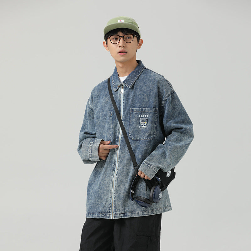 Retro Washed Distressed Zipper Couple Casual Denim Coat
