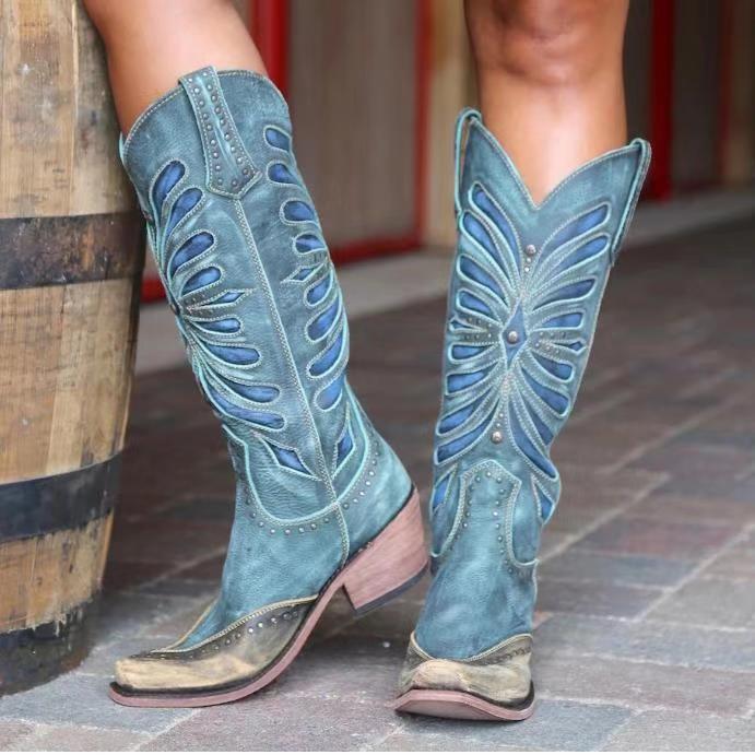New winter women's boots mid-heel thick heel boots cross-border large size rivet high-top women's boots on Amazon