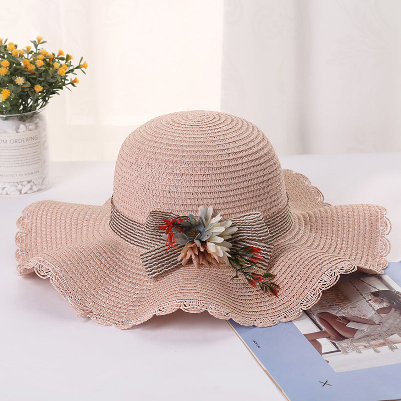 Ladies Flower Wavy Brim Outdoor Sun Protection Straw Hat