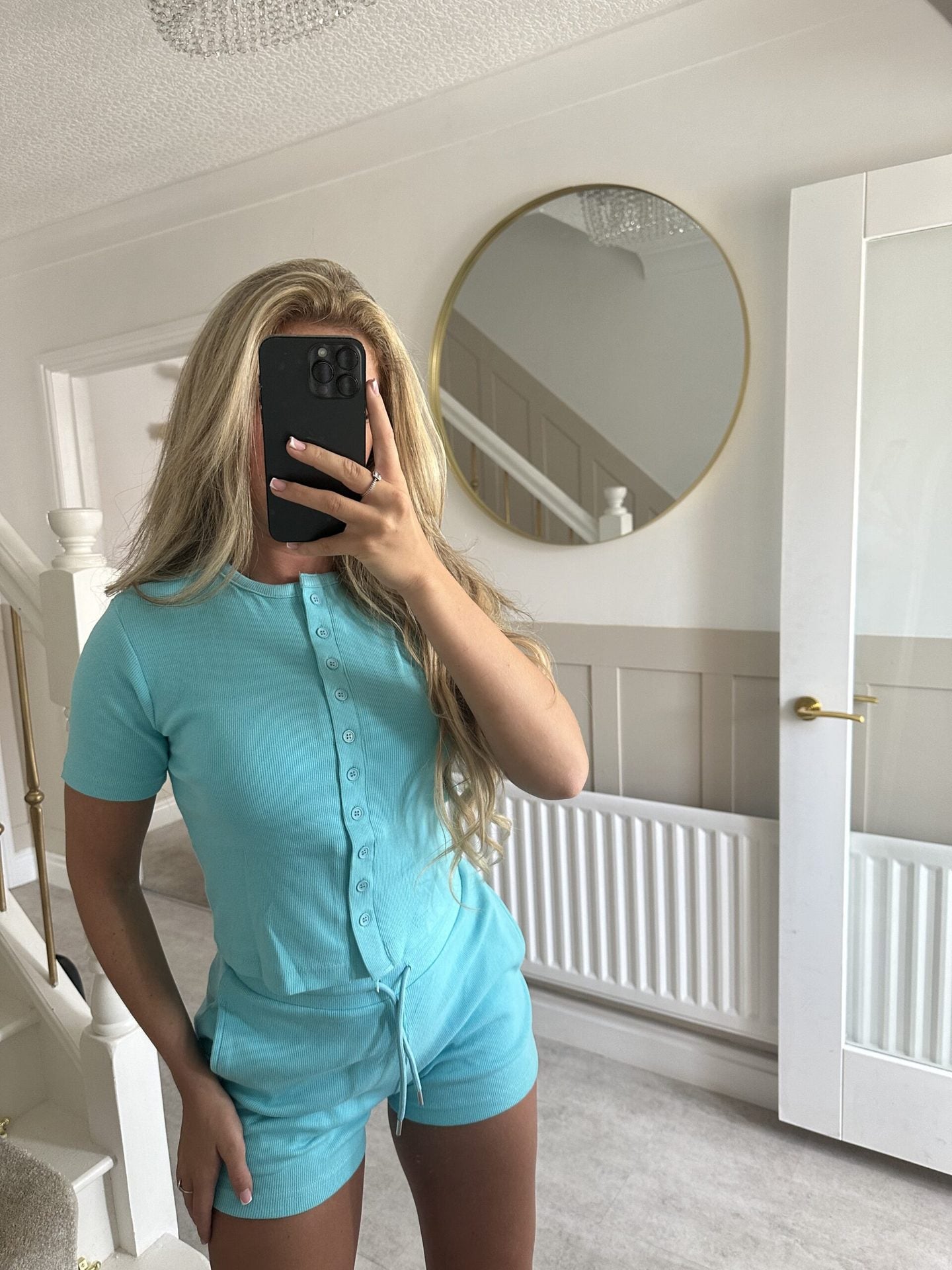 Button-front Cardigan Short-sleeve Top And Tie-waist Shorts Two-piece Set