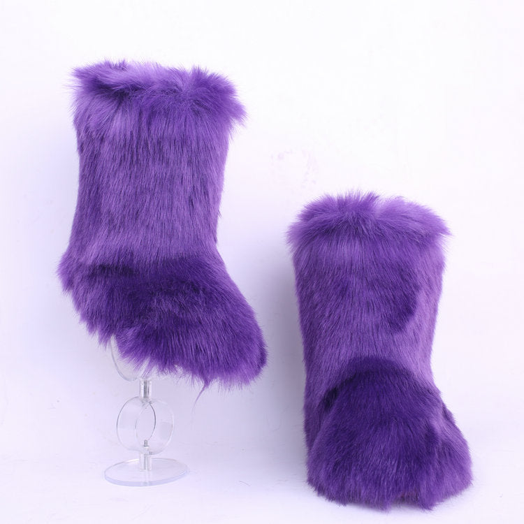 Ladies Outdoor Snow Boots Imitation Fox Hair Wool And Cotton Boot