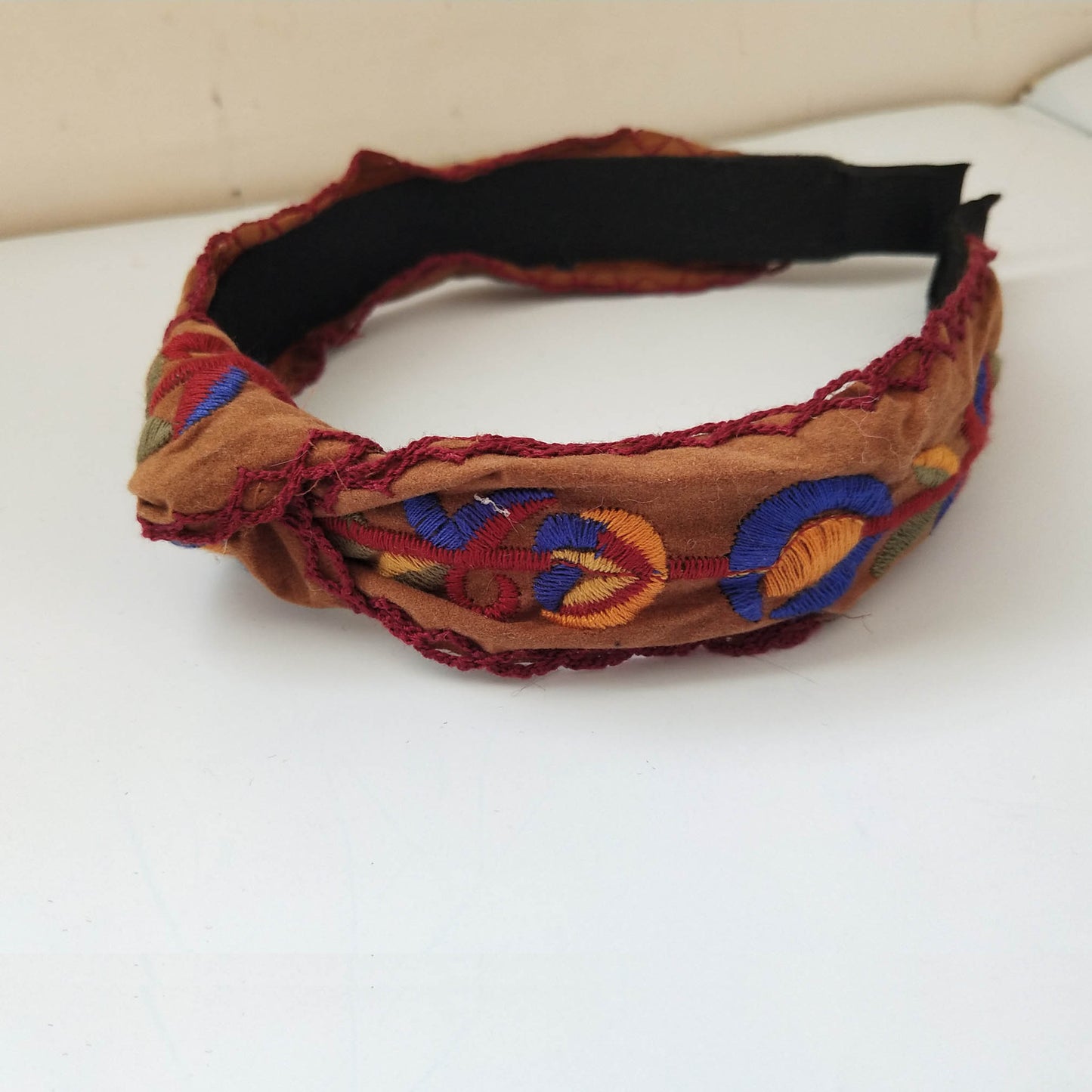 Knotted Hair Band In The Middle of Leather Velvet Embroidery Flowers
