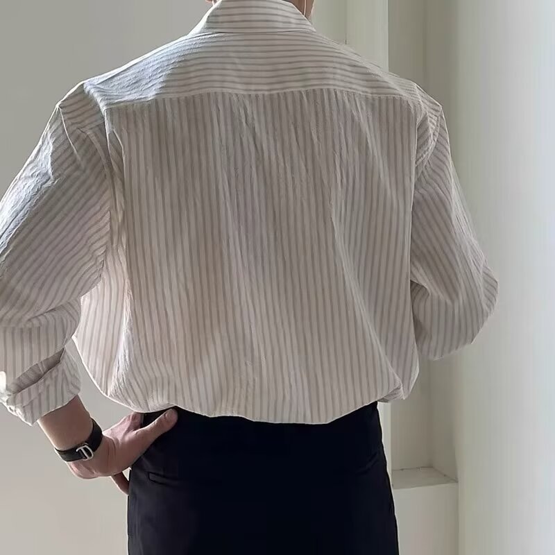 Men's Casual Loose-Fit Long-Sleeve Vertical-Striped Shirt