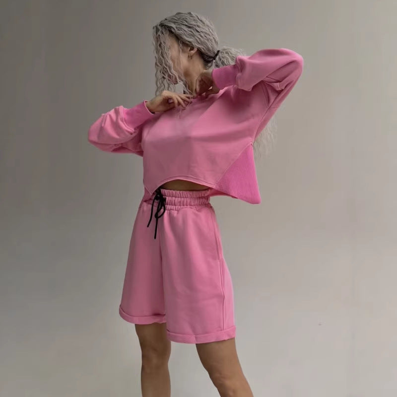 Women's Casual Set Asymmetrical Hem Short-Sleeve Top With Drawstring Shorts