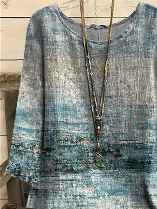 New Cotton And Linen Print Round Neck Loose Retro Top