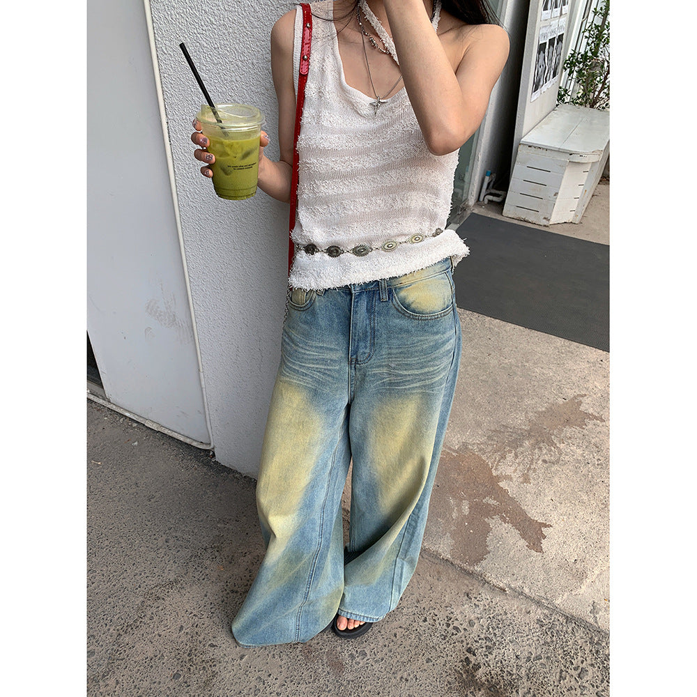 Retro mudfarvede Lyocell Jeans med ridsemønster