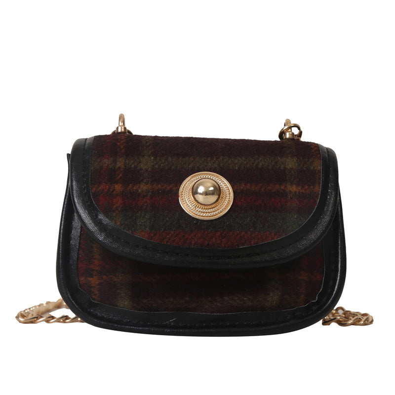 Plaid Retro Contrast Color Woolen Women's Shoulder Bag