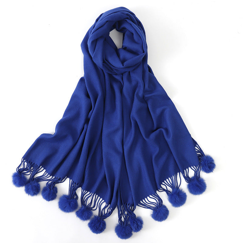 Pure color rabbit fur ball cashmere scarf