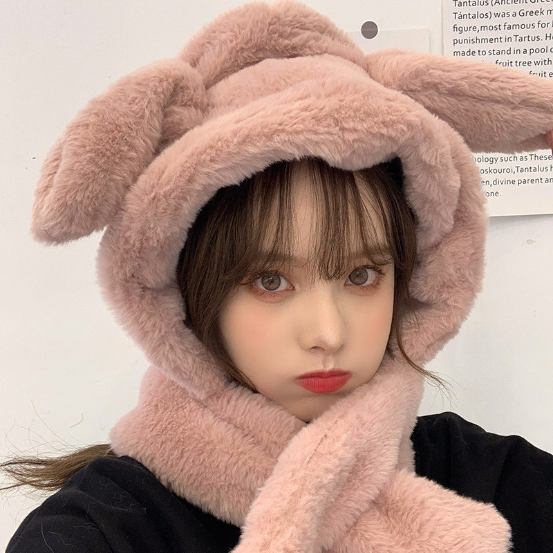 Moving Rabbit Ears Hat Female Autumn and Winter Cute Bear Scarf