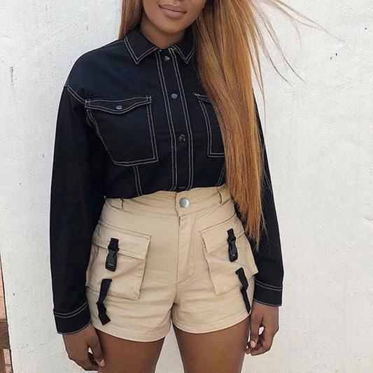 spring and summer ins hot European and American style women's new fashion street beat bag buckle tooling short female straight pants