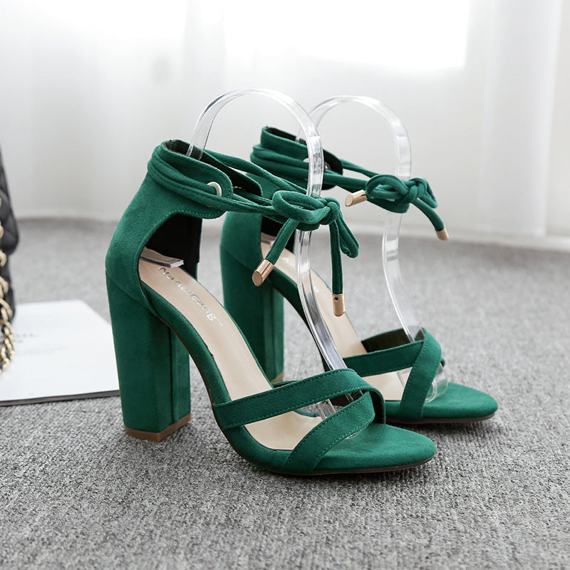 Cross strap thick high heel suede sandals
