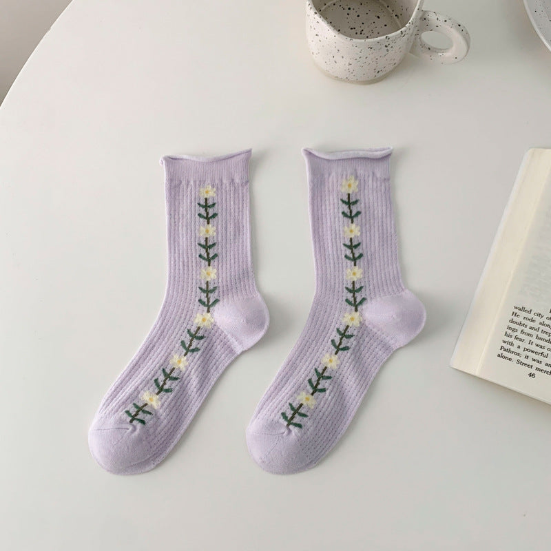 Thin Hollow Mesh Rolled Edge Women's Socks With Small Flowers