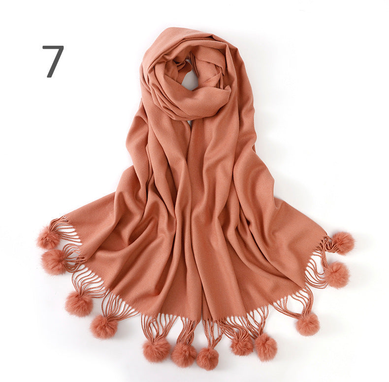 Pure color rabbit fur ball cashmere scarf