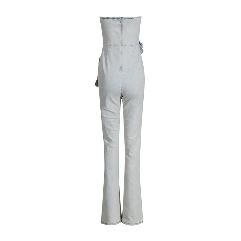 Elegant Commuter Tube Top Three-dimensional Flower High Waist Jumpsuit