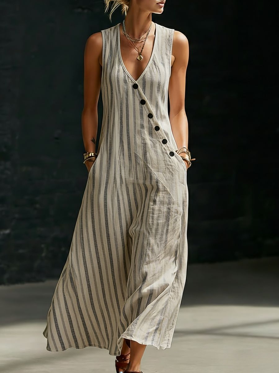 Womens Loose V-Neck Slant-Button Dress