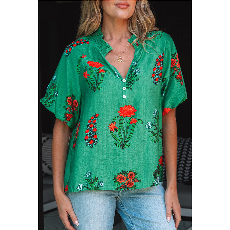 European And American Leisure Style Floral Print Loose Chiffon Shirt