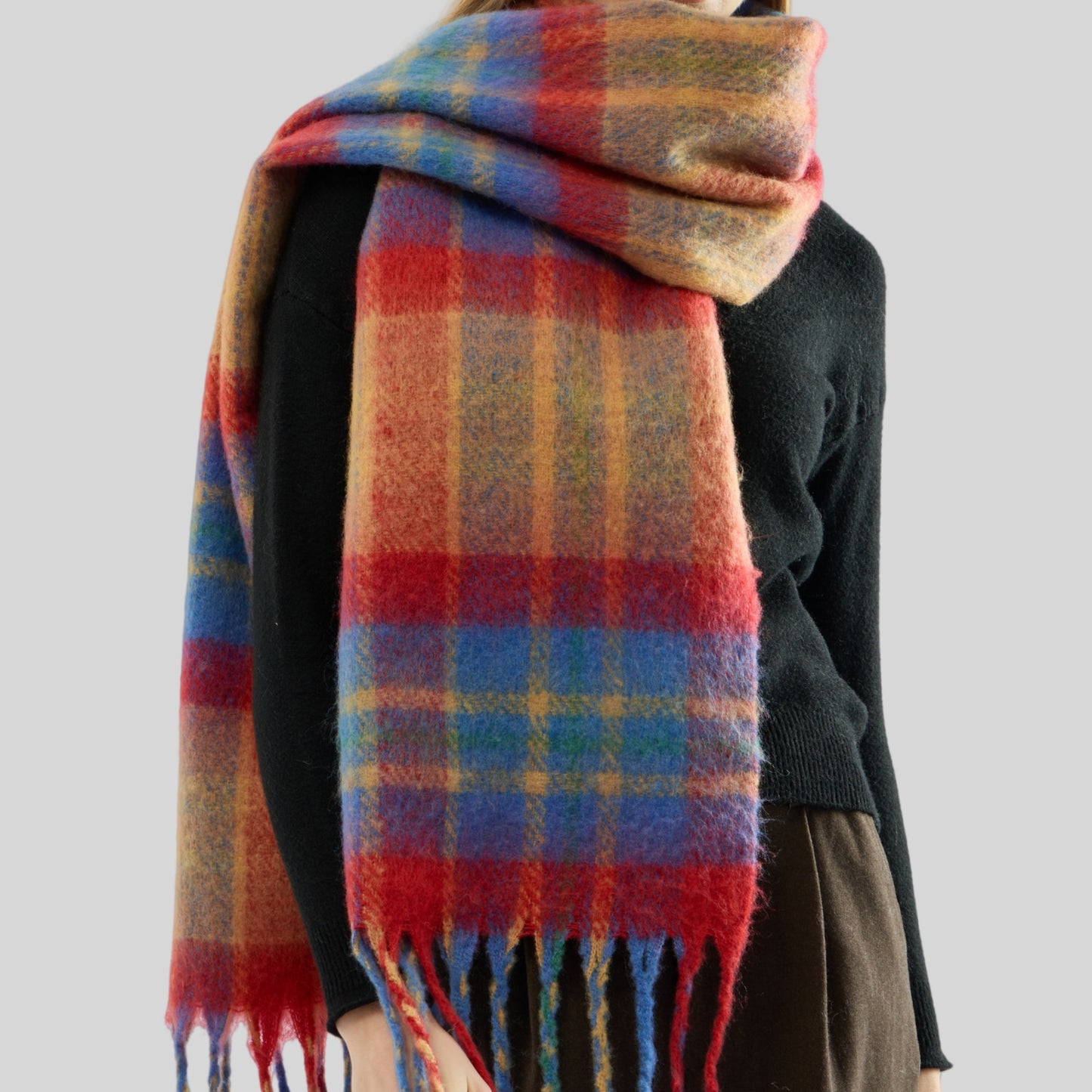Mohair Rainbow Plaid Fringe Thickened Warm Scarf
