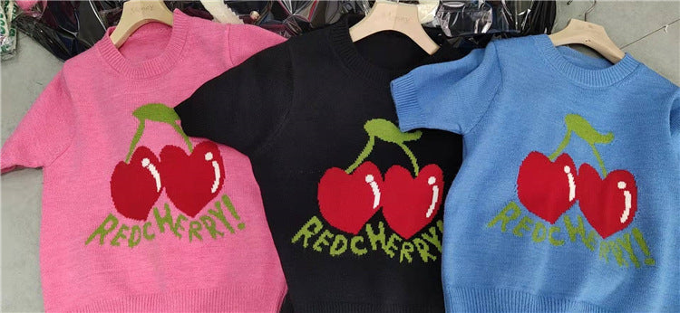 Women's Spring Cherry Design Niche Pullover Sweater Top