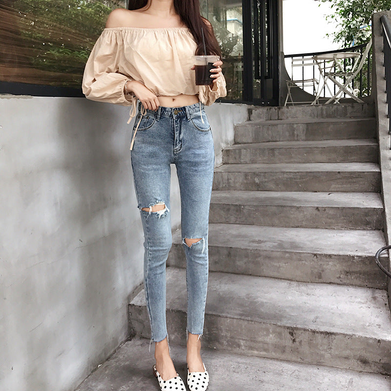 Fashion High-waisted Elastic Pierced Small Feet Retro Hong Kong-style Cropped Trousers
